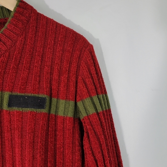 MOSCHINO Jeans Men's Red/Green Stripe Wool Blend Ribbed Knit Sweater Sz M V-neck - Picture 4 of 11